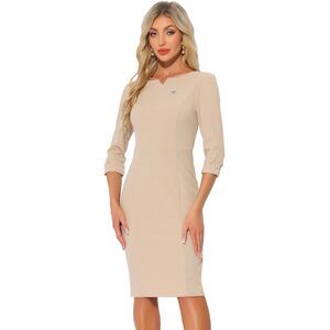 Pencil Dress 3/4 Sleeve Work Business Casual Sheath Dress Apricot
